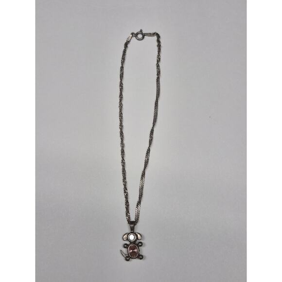 Small Sterling Silver Puppy Dog Necklace Pink And Clear Stones Chain 10" - Picture 1 of 6